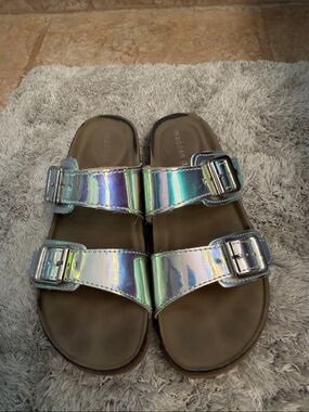 Madden Girl Iridescent Holographic Double-Buckle Slide Sandals